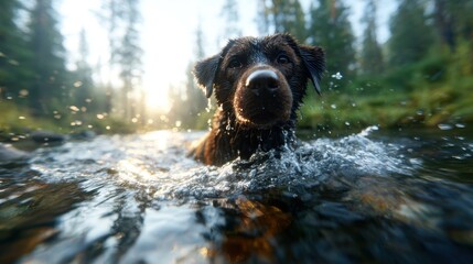 A joyful dog splashes water in a serene mountain stream, embodying playfulness and vivacity in nature's embrace, inviting memories of outdoor adventures and companionship.