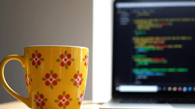 Yellow Floral Mug Beside Open Laptop Displaying Code In Bright Room With Desk
