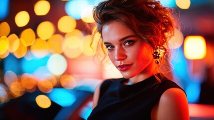 A glamorous woman poses with confidence in an urban setting filled with colorful bokeh lights, capturing the essence of modern beauty and nightlife in a chic and stylish manner.