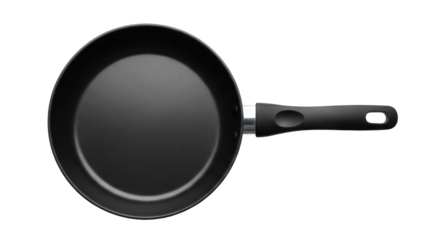 A black frying pan with a handle on a white background.