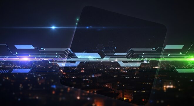 A futuristic, digital interface with glowing lines and a cityscape in the background.