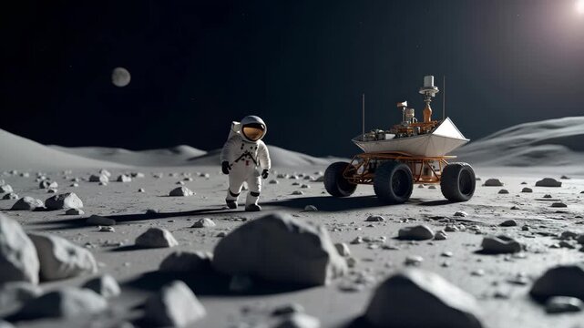 Exhibiting detailed imagery of lunar exploration initiatives showcasing advanced rover technology innovative habitat modules and rigorous scientific research on the moons surface for premium editorial