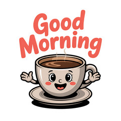 Cheerful Cartoon Coffee Cup With Good Morning Message character greeting