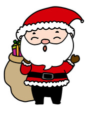 Santa Claus standing smiling, waving and holding a bag of gifts. Cartoon illustration.