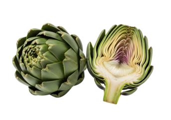 Whole and halved artichoke isolated on transparent background