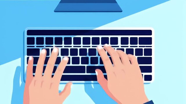Animated hands typing on keyboard under monitor on bright blue background, soft shadows