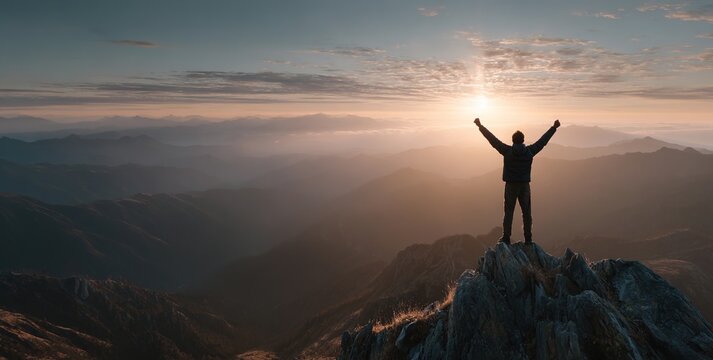 A person with arms raised atop a mountain as the sun sets. Ideal for adventure, travel, and personal achievement - themed content.