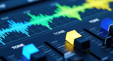 Close-up of a digital audio mixer with colorful waveforms and knobs.