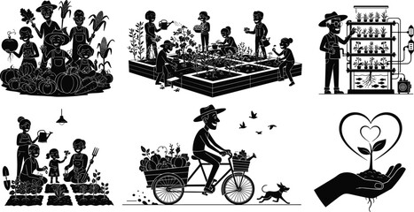 Fototapeta premium Family gardening, community garden, urban farming, hydroponic system, vegetable growing, sustainable agriculture, outdoor gardening, kids gardening, garden watering, bike delivery
