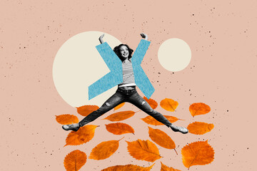 Composite sketch design artwork photo collage of autumn october day seasonal environment enjoy young woman jump happy smile fallen leaves