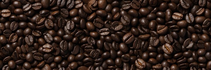 Fototapeta premium Dark Roasted Coffee Beans in Close Up with Rich Texture and Shiny Surface for Coffee Shop or Food Market