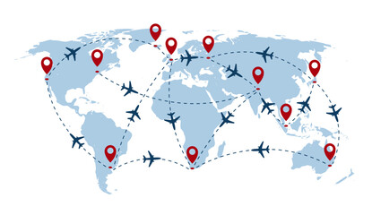 Airplane route world map with red pins and track lines