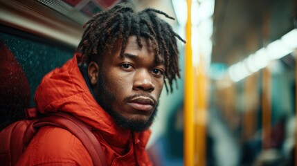 A young man with striking dreadlocks and a serious expression sits aboard a subway train, capturing the essence of urban life and the diversity and intensity of city travel experiences.