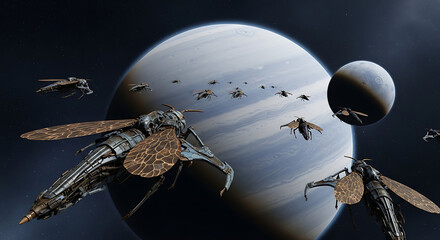 Swarm of futuristic insectoid drones with metallic bodies and translucent glowing amberveined wings.