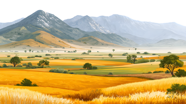 Sweeping mountain valley landscape with golden wheat fields