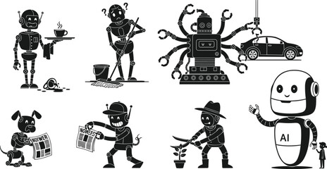 Robots, AI assistants, humanoid machines, automation, smart robots, future technology, robotic workers, artificial intelligence, daily tasks, digital innovation, advanced robotics