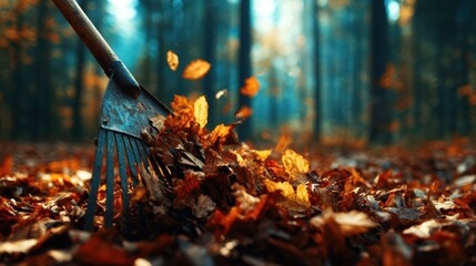 A close-up of leaves being raked in a beautiful autumn forest, capturing the vibrant colors and textures that embody the essence of the changing seasons.