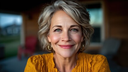 A heartwarming portrait of a mature woman with short, stylish hair, smiling with confidence outdoors, capturing the essence of joy, experience, and a positive outlook on life.