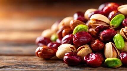 An assortment of colorful nuts is artfully arranged on a rustic wooden surface showcasing the beauty and nutritional value of healthy snacking options.