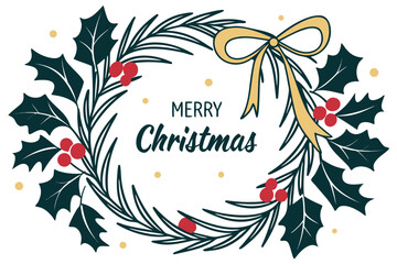 Elegant Christmas Wreath with Berries and Ribbon Flat Design