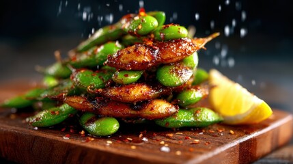 A flavorful stack of spicy edamame pods sprinkled with seasoning and accompanied by a fresh lemon slice, presenting a delicious and health-driven culinary option.