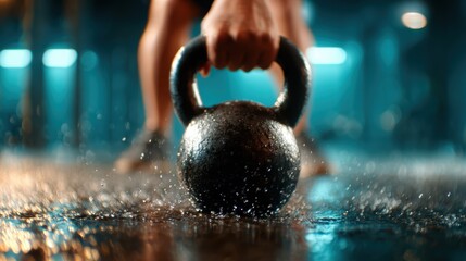 A determined athlete lifts a heavy kettlebell in a dynamic gym setting, highlighting strength and focus amidst splashes of water on the floor, emphasizing hard work.