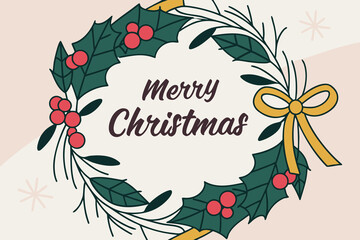 Elegant Christmas Wreath with Berries and Ribbon Flat Design