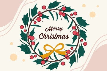 Elegant Christmas Wreath with Berries and Ribbon Flat Design
