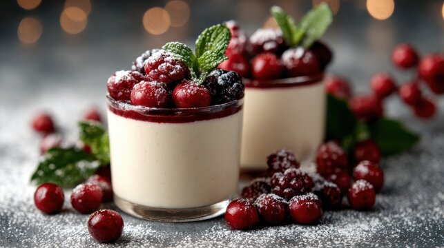 Elegant dessert featuring creamy vanilla pudding topped with fresh berries and mint leaves, creating a visually appealing and delectable treat for any occasion. - Powered by Adobe
