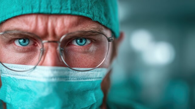 A focused surgeon, wearing a mask and green scrubs, displays intense concentration and precision, ready to tackle a crucial surgical procedure in a hospital environment.