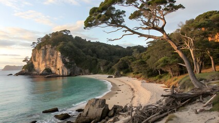 Beautiful beach landscape with turquoise water and lush greenery in summer day