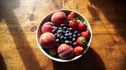 Top-down view bowl of peaches, blueberries, & strawberries on a wood table - Powered by Adobe