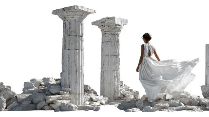 Timeless scene of a woman in flowing white gown exploring ancient ruins