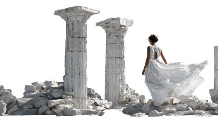 Timeless scene of a woman in flowing white gown exploring ancient ruins