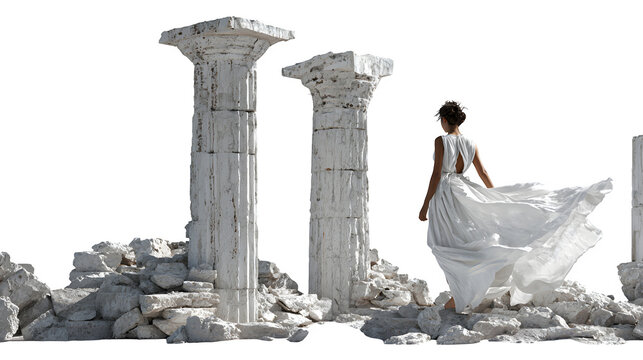 Timeless scene of a woman in flowing white gown exploring ancient ruins