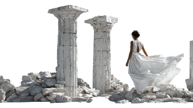 Timeless scene of a woman in flowing white gown exploring ancient ruins