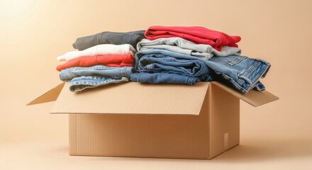 A cardboard donation box filled with a pile of folded second-hand clothing like jeans and sweatshirts, illuminated by warm light.