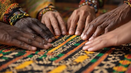 Kwanzaa unity spiritual. Hands of diverse individuals working together on a colorful textile pattern.