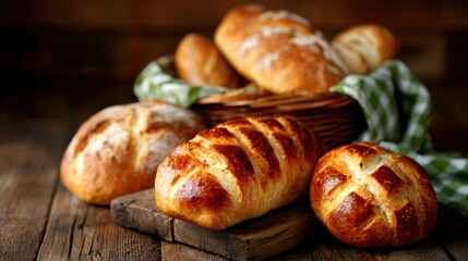 A beautifully arranged selection of golden-brown artisan bread loaves in a rustic wicker basket, evoking warmth and homeliness in a cozy kitchen environment.