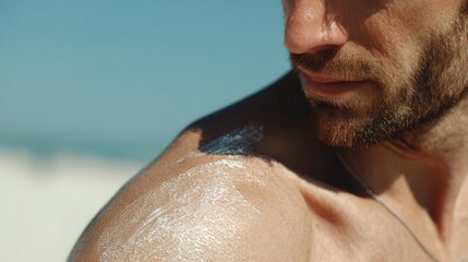 Man applying sunscreen to his shoulder on a sunny day.
