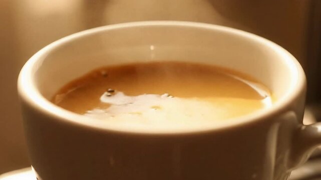 Rich dark espresso pouring into white ceramic cup creating perfect crema in slow motion with warm morning sunlight