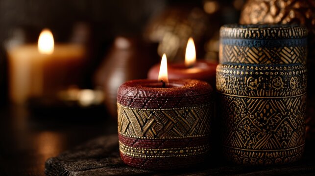 Kwanzaa unity spiritual. Decorative candles in intricate holders create a warm, inviting ambiance.