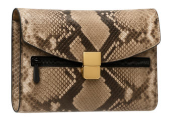 Snake print leather clutch with fold-over design and zip pocket
