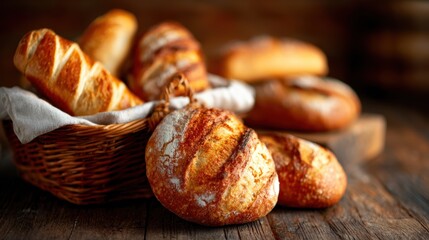 A beautiful display of various artisanal breads in a rustic basket, highlighting the rich textures, golden crusts, and warm, inviting appearance of freshly baked goods.