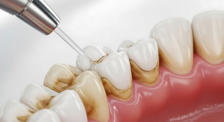 Dental water jet cleaning teeth to remove plaque and tartar buildup