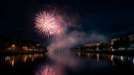 Fototapeta premium Vibrant fireworks bursting over a river reflecting in the water below
