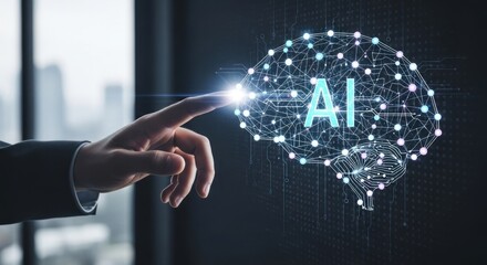 A hand pointing to a digital brain with the letters 'AI' in the center, against a blurred cityscape background.