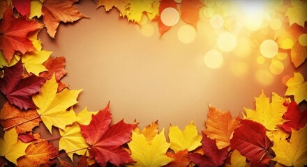 Autumn leaves on a wooden background with a warm, golden hue.
