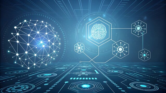 A digital landscape with glowing blue networks and artificial intelligence representations displayed - Powered by Adobe