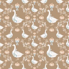 Cottagecore Goose Pattern Rustic Farmhouse Seamless Design, Whimsical Country Aesthetic Illustration
